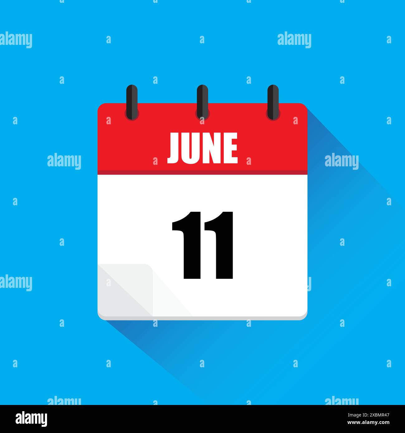 June 11 calendar icon. Red and white page. Blue background. Flat vector
