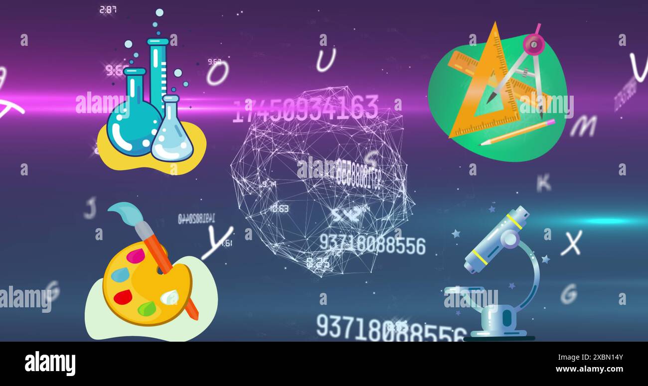 Image of school icons over data processing Stock Photo