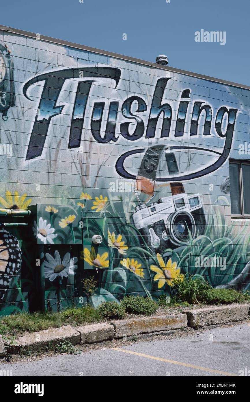 Mural depicting flowers and a rangefinder camera on a wall at the Flushing Public Library, Flushing Michigan USA Stock Photo