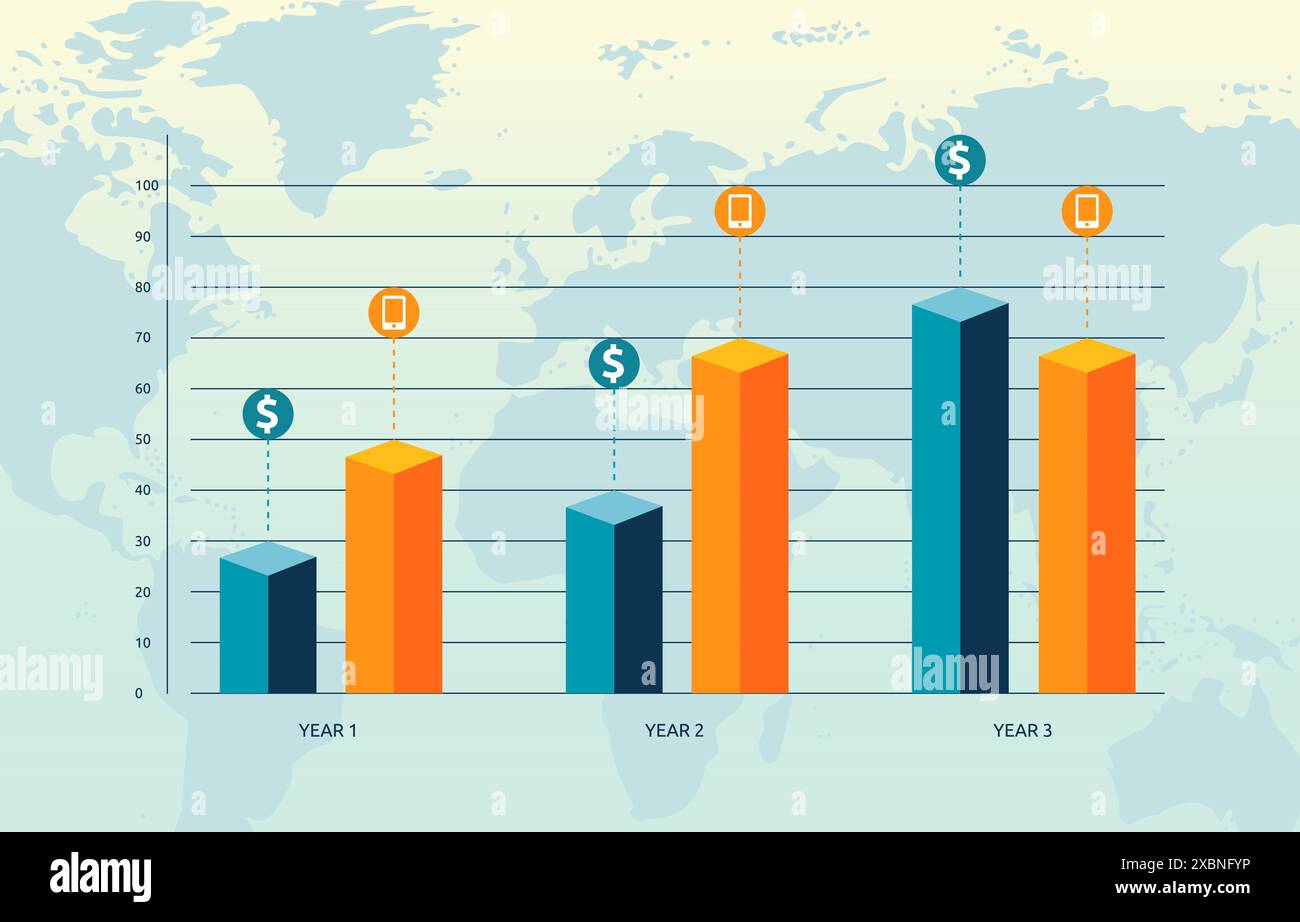 Flat Design Illustration of Bar Graph Chart Comparison Diagram for ...