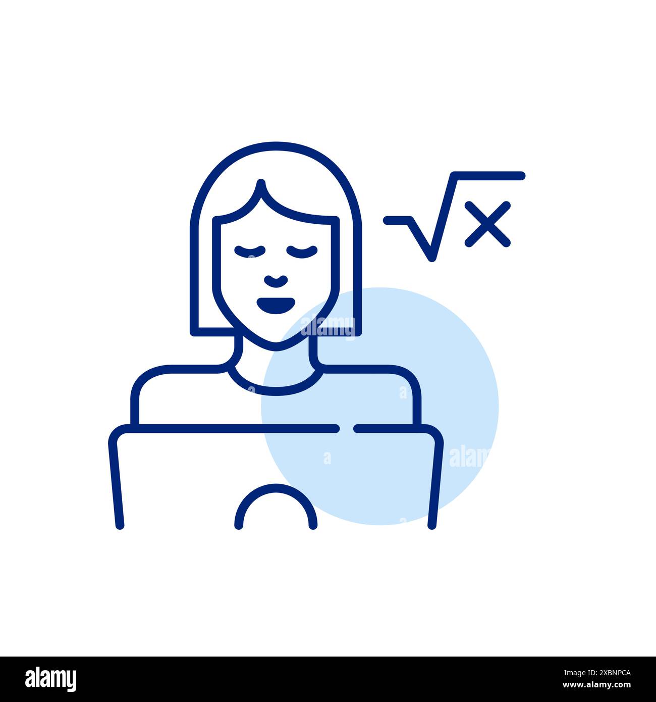 Girl at laptop and square root formula. Digital math learning integration. Engineering, computer science student. Pixel perfect, editable stroke vecto Stock Vector