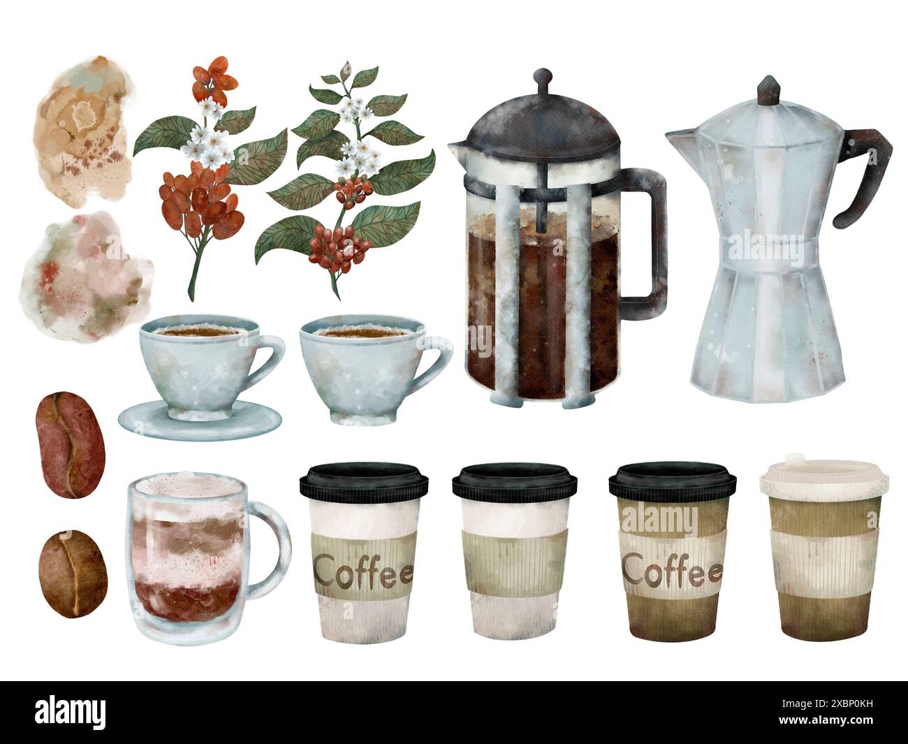 A collection of coffee elements including cups, pots, beans, and leaves ...