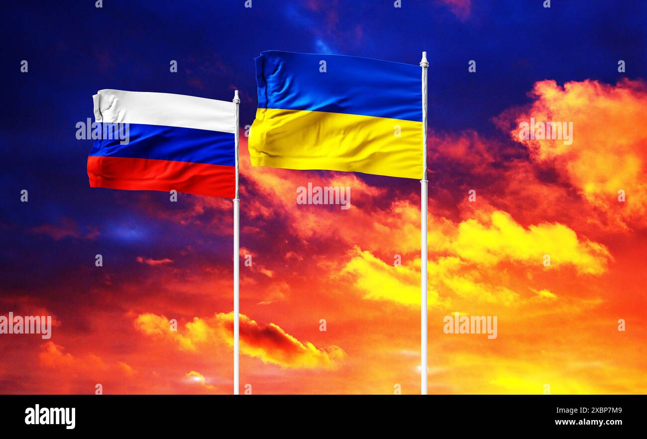 Russia Ukraine flags. war. Political tension. Stock Photo