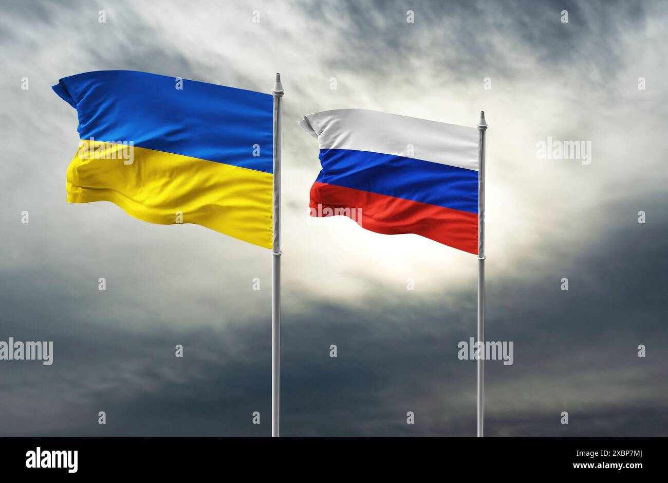 Russia Ukraine flags. war. Political tension. Stock Photo