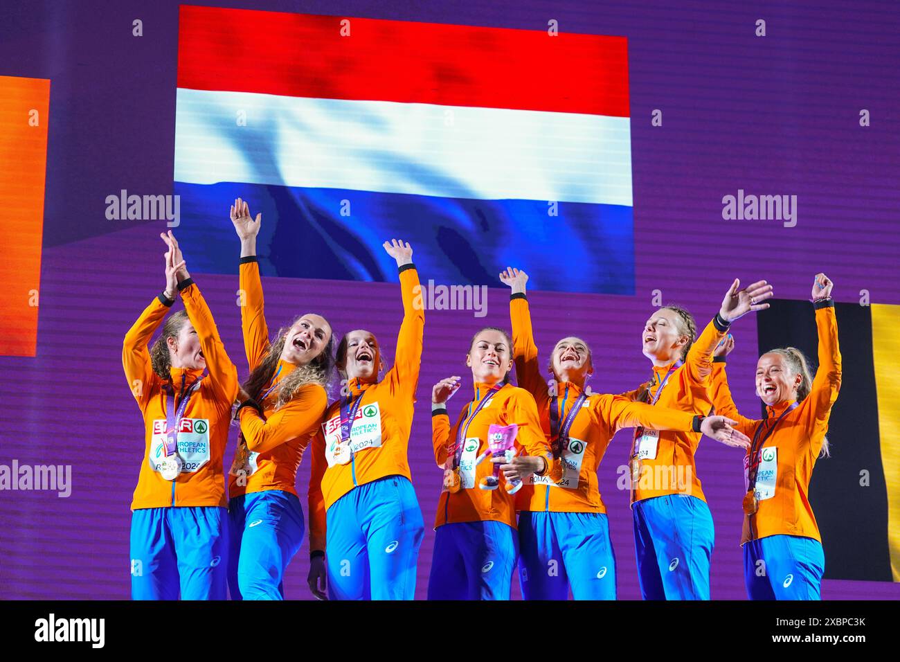 Rome, Italy 20240612. The Dutch team of v. Myrte van der Schoot, Lieke Klaver, Cathelijn Peeters, Eveline Saalberg, Minke Bisschops, Femke Bol, Anne van de Wiel, in the women's 4 x 400 meters relay with their gold after their victory in the relay at the European Athletics Championships 2024 at the Olympic Stadium in Rome, Italy. Photo: Lise Åserud / NTB Stock Photo