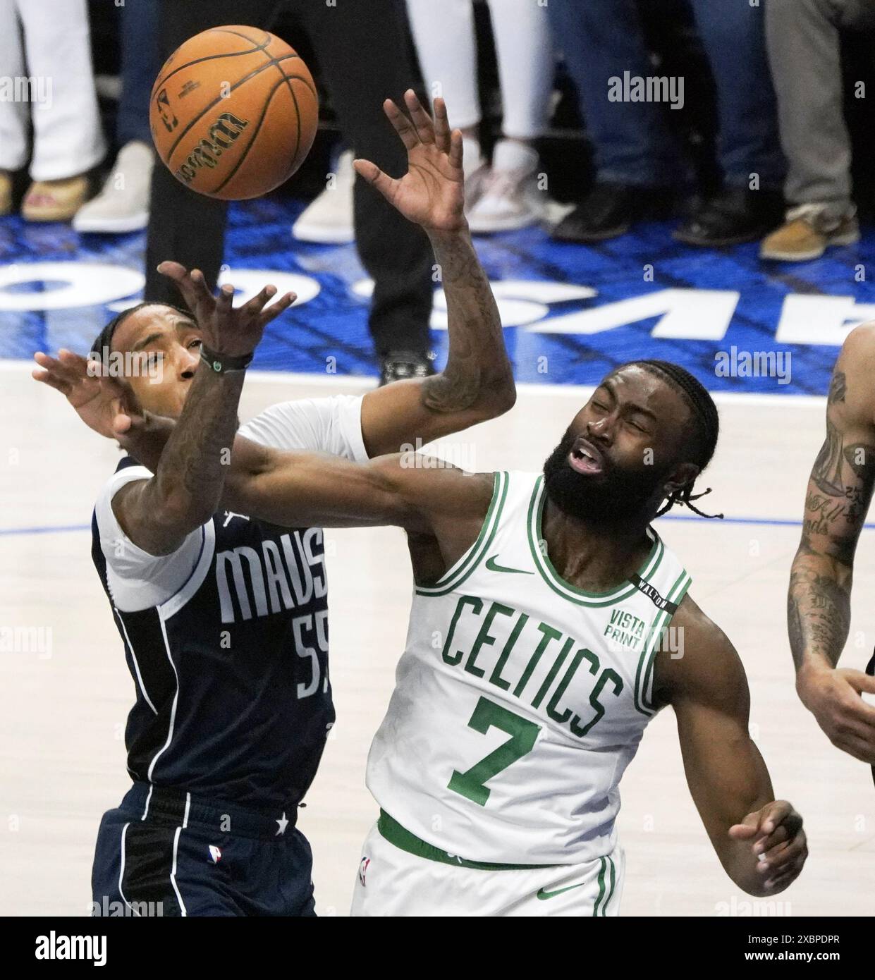 Dallas, USA. 12th June, 2024. Jaylen Brown (R) of Boston Celtics