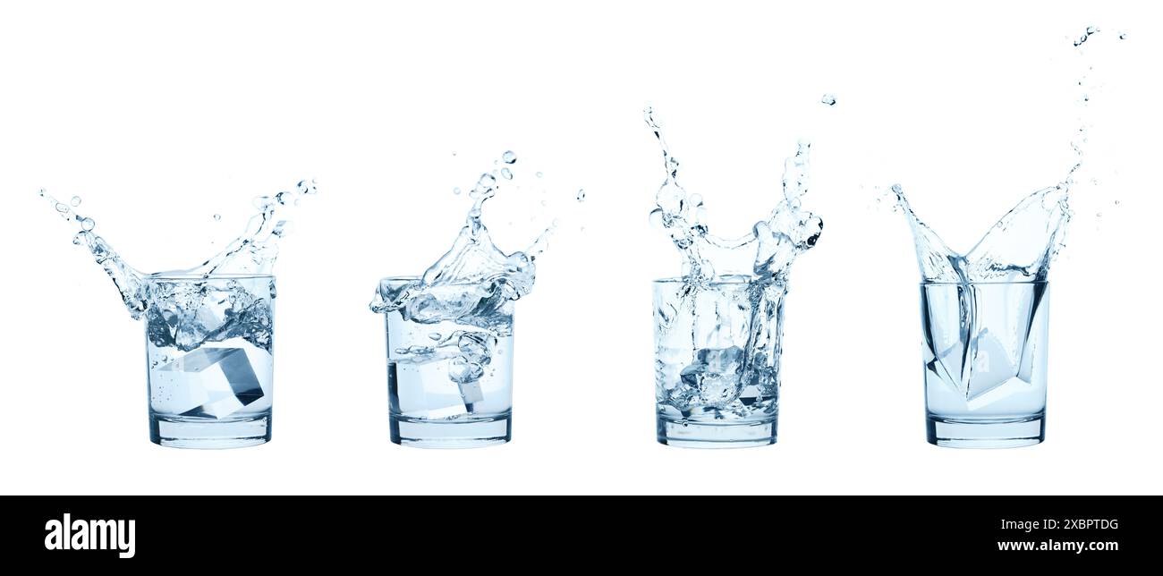 Set of Glasses with Water Splashes and Falling Ice Cubes, isolated on a ...