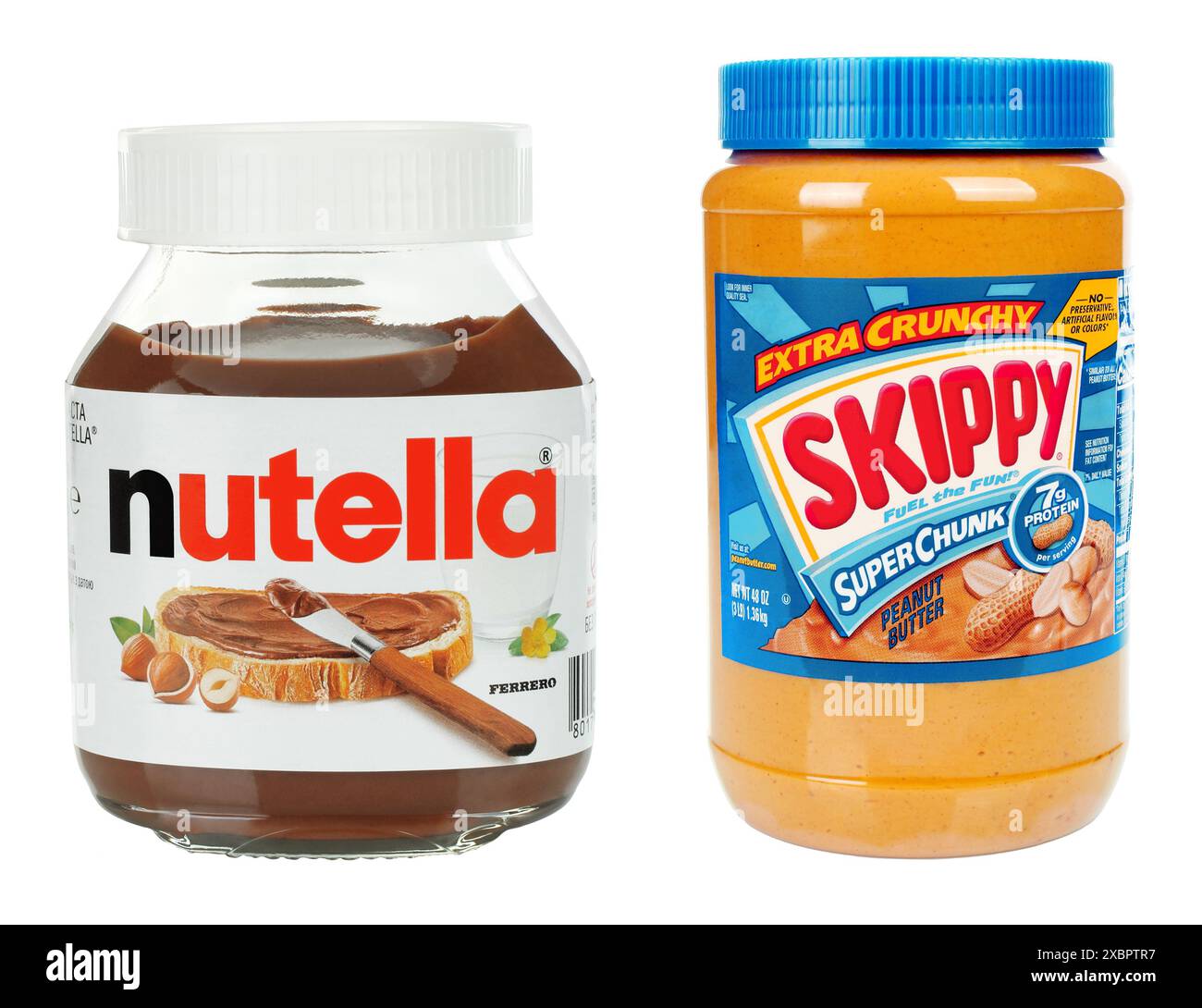 Set of Jars of Nutella chocolate butter and Skippy peanut butter Extra Crunchy Super Chunk, isolated on a white background Stock Photo