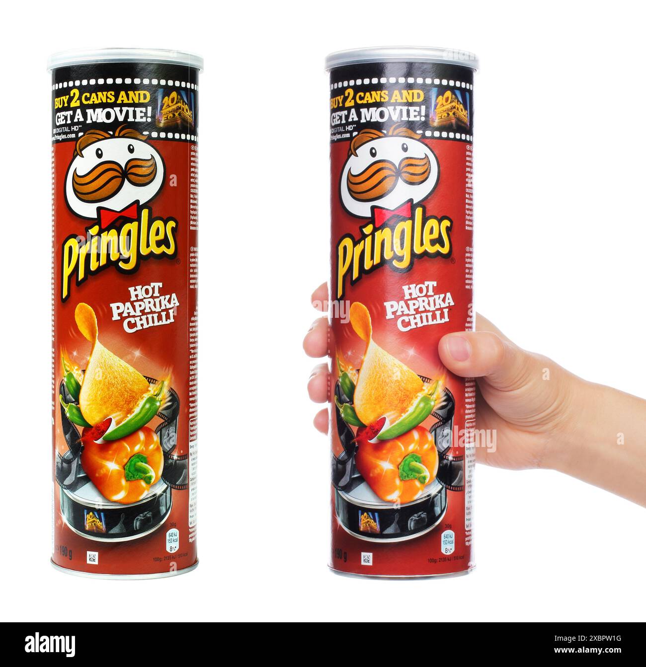 Set of Pringles potato chips boxes, isolated on a white background. Pringles is a brand of potato snack chips owned by the Kellogg Company Stock Photo