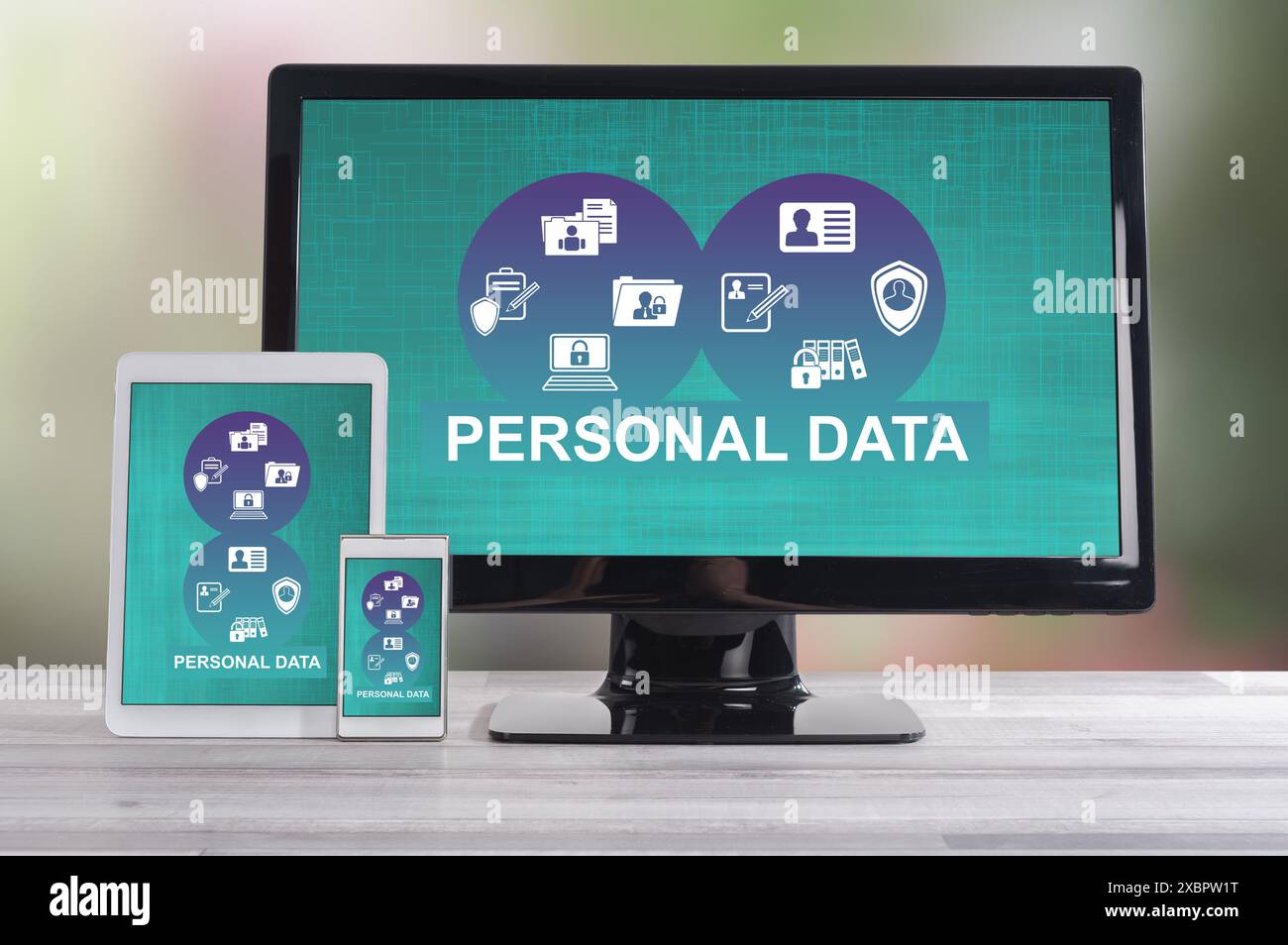 Personal data concept shown on different information technology devices Stock Photo