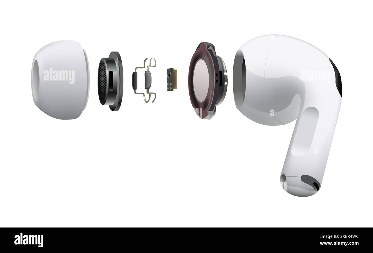 Kiev, Ukraine - April 06, 2022: White wireless headphones Apple AirPods ...