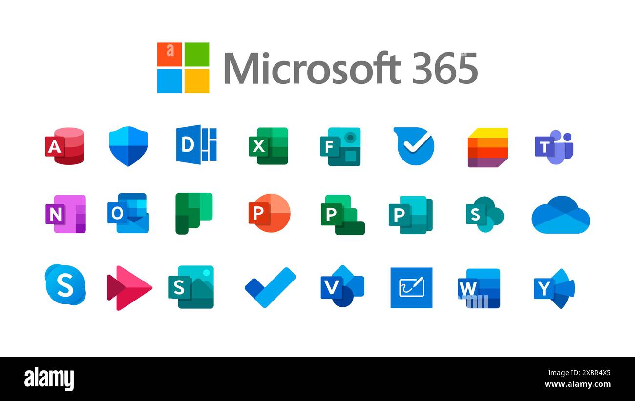 Kiev, Ukraine - September 29, 2022: Icons collection of Microsoft products - Microsoft 365, on white background, vector illustration Stock Vector