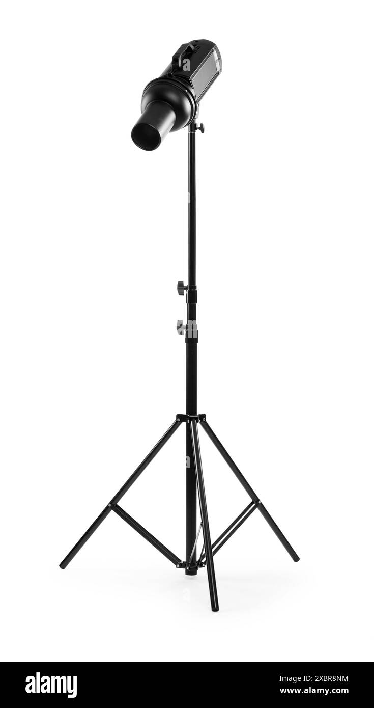 Tripod with spotlight isolated on white. Photo studio equipment Stock