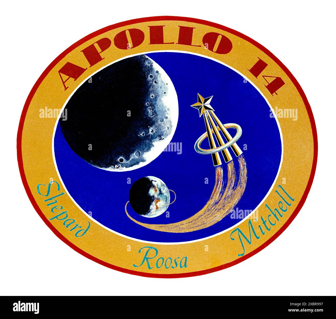 Apollo 14 lunar landing mission 1970 insignia showing an astronaut corps lapel pin approaching the moon and was designed by the crew: Alan Shepard, Stuart Roosa and Edgar Mitchell. Stock Photo