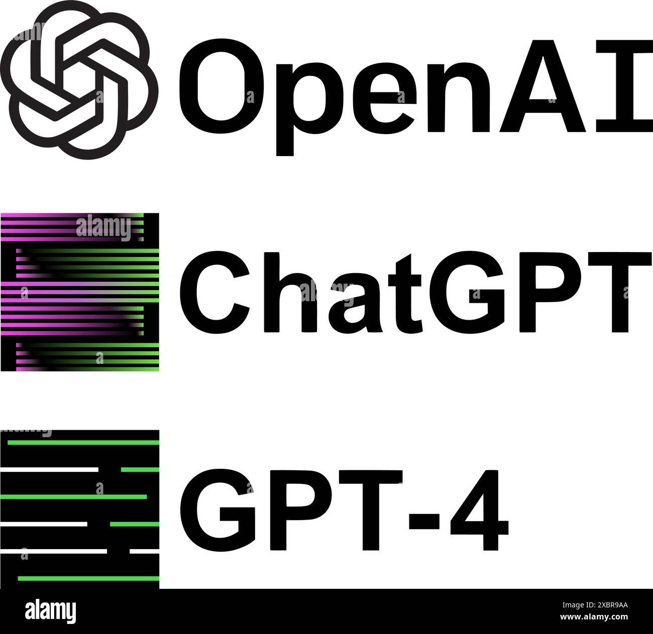 Set of logos OpenAI artificial intelligence systems, such as: ChatGPT and GPT-4. OpenAI is an American artificial intelligence research laboratory Stock Vector