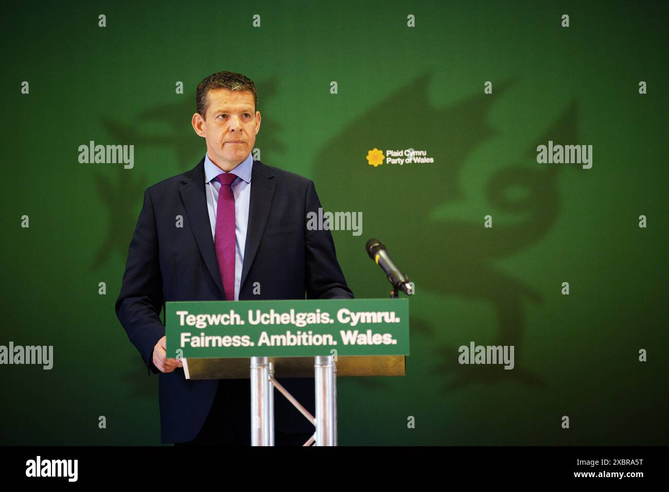 Plaid Cymru leader Rhun ap Iorwerth launches his party's General Election manifesto in Marble Hall, at The Temple of Peace in Cardiff, Wales. Picture date: Thursday June 13, 2024. Stock Photo