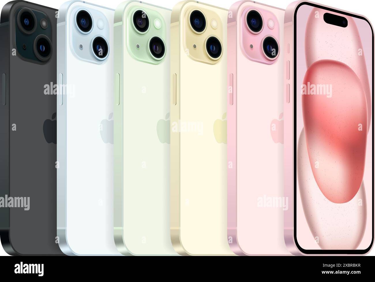Set of Apple iPhone 15 mobile phones in different colors, on a white background, vector illustration. The iPhone 15 and iPhone 15 Plus are smartphones Stock Vector