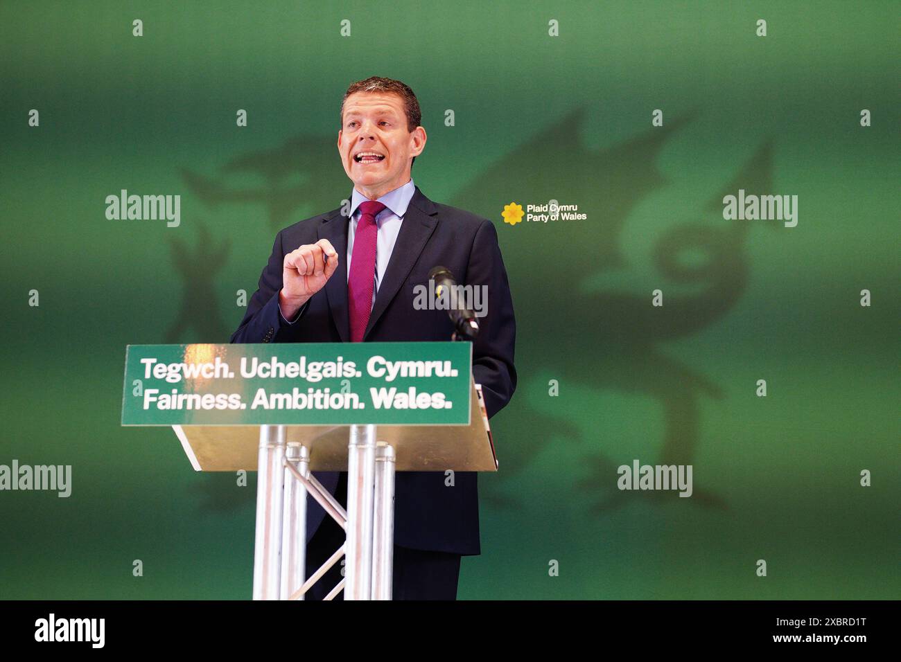 Plaid Cymru leader Rhun ap Iorwerth launches his party's General Election manifesto in Marble Hall, at The Temple of Peace in Cardiff, Wales. Picture date: Thursday June 13, 2024. Stock Photo