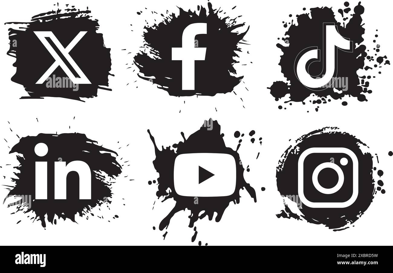 Set of popular Social Media and Mobile Apps icons in black paint design spots: Twitter - X, Facebook, TikTok, LinkedIn, YouTube and Instagram, on a tr Stock Vector