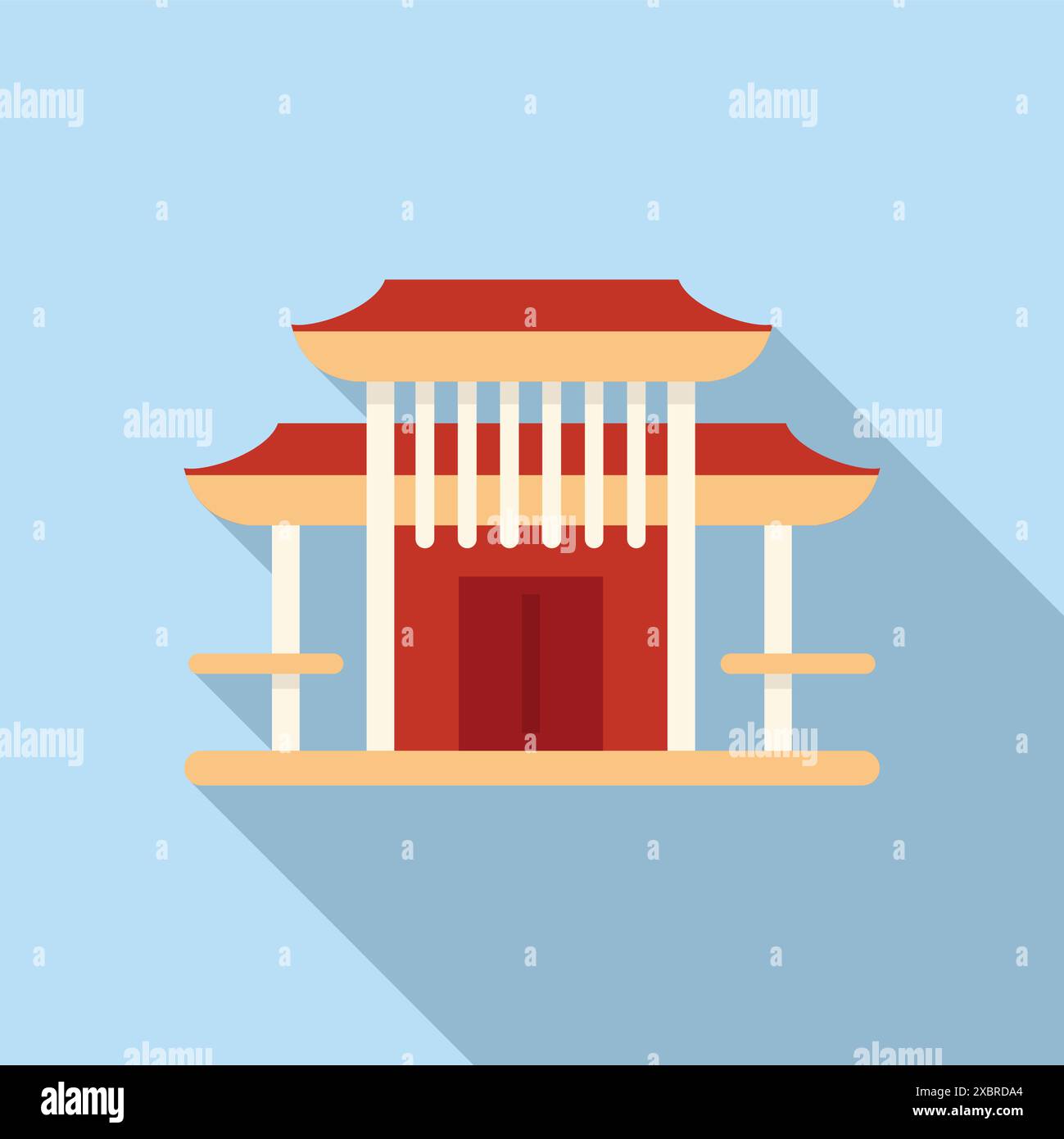 Red and beige asian style building with a tiered roof and columns ...