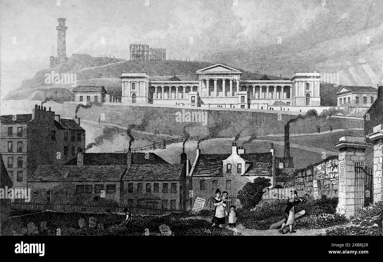 New High School, Calton Hill, From the Canon-Gate Church Yard, Edinburgh, engraved by J. Henshall. This is from an engraving dating from 1832 made from a watercolour drawing by Thomas H. Shepherd (1793-1864). At the time, 1832, William IV was king, some five years before Queen Victoria ascended to the throne. This and others which I have in the series were used to illustrate the architectural likenesses between Athens and Edinburgh (Scotland) and its environs at the time. Note: Some of the originals had foxing which may show as slightly darker patches in the photos. Stock Photo