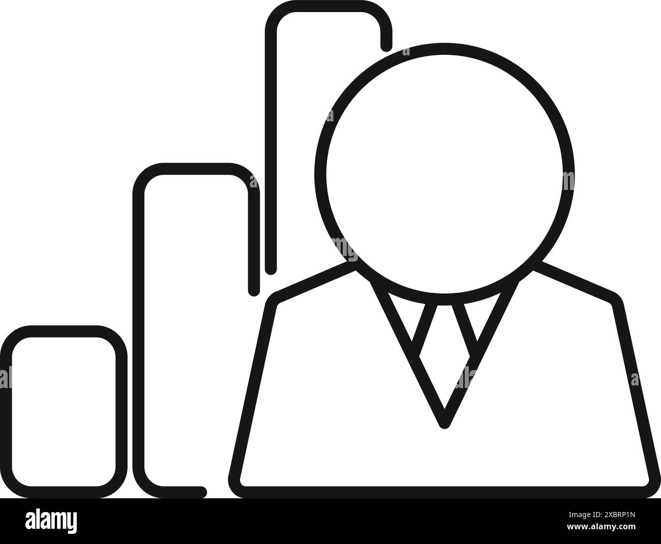 Line art icon of a businessman standing next to a growing bar chart ...