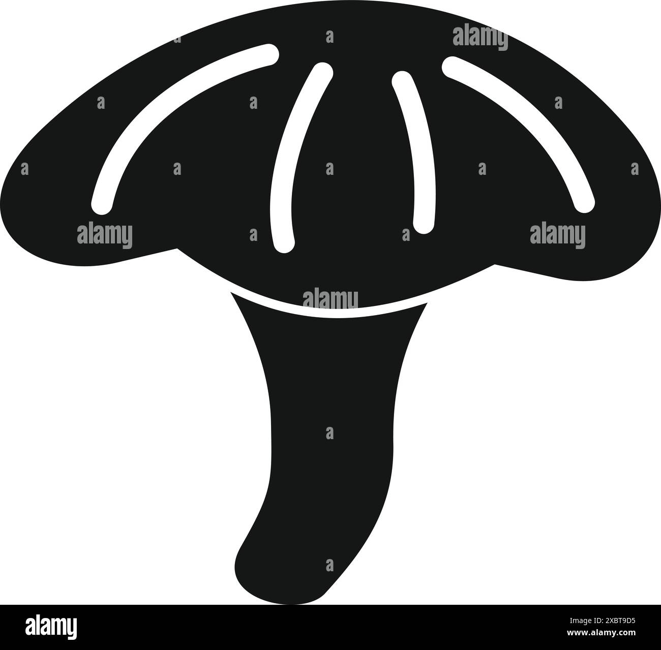 Simple black and white icon of a mushroom with gills and a stem growing ...