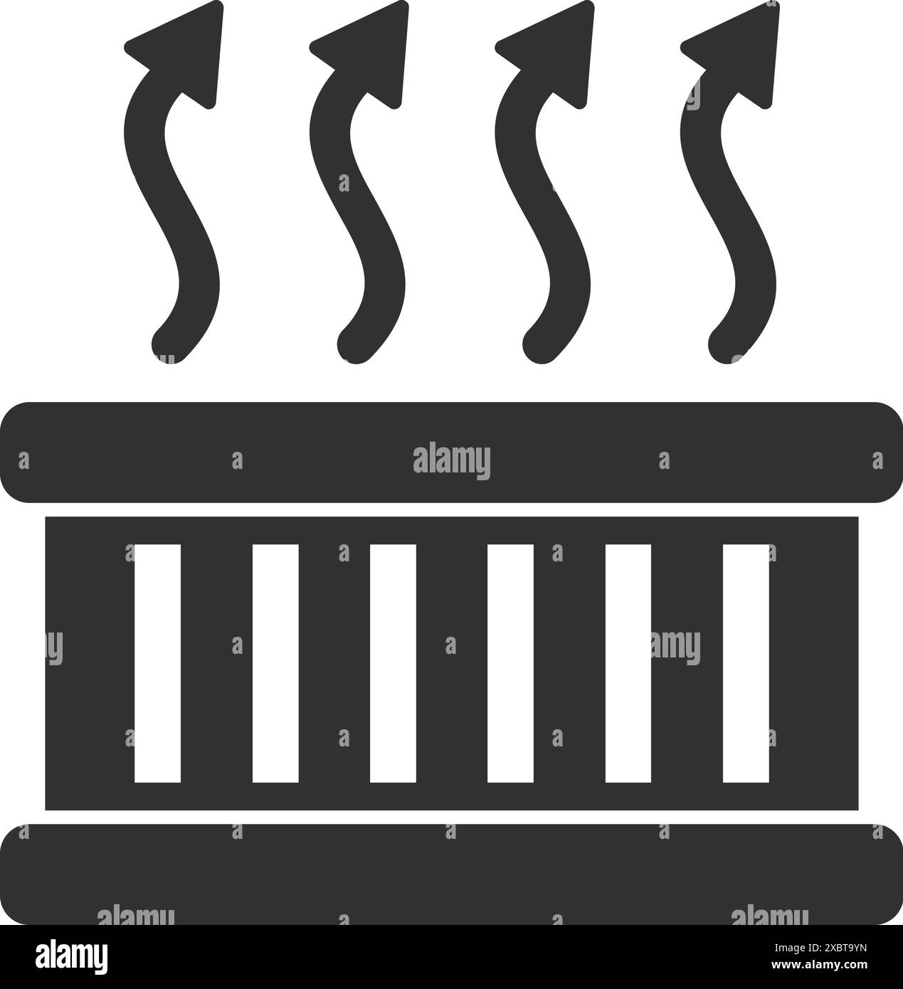Black and white icon of a car radiator overheating with steam coming out of it, indicating a