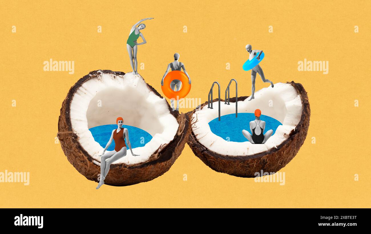 Surreal image with coconut swimming pools and young women in colorful ...