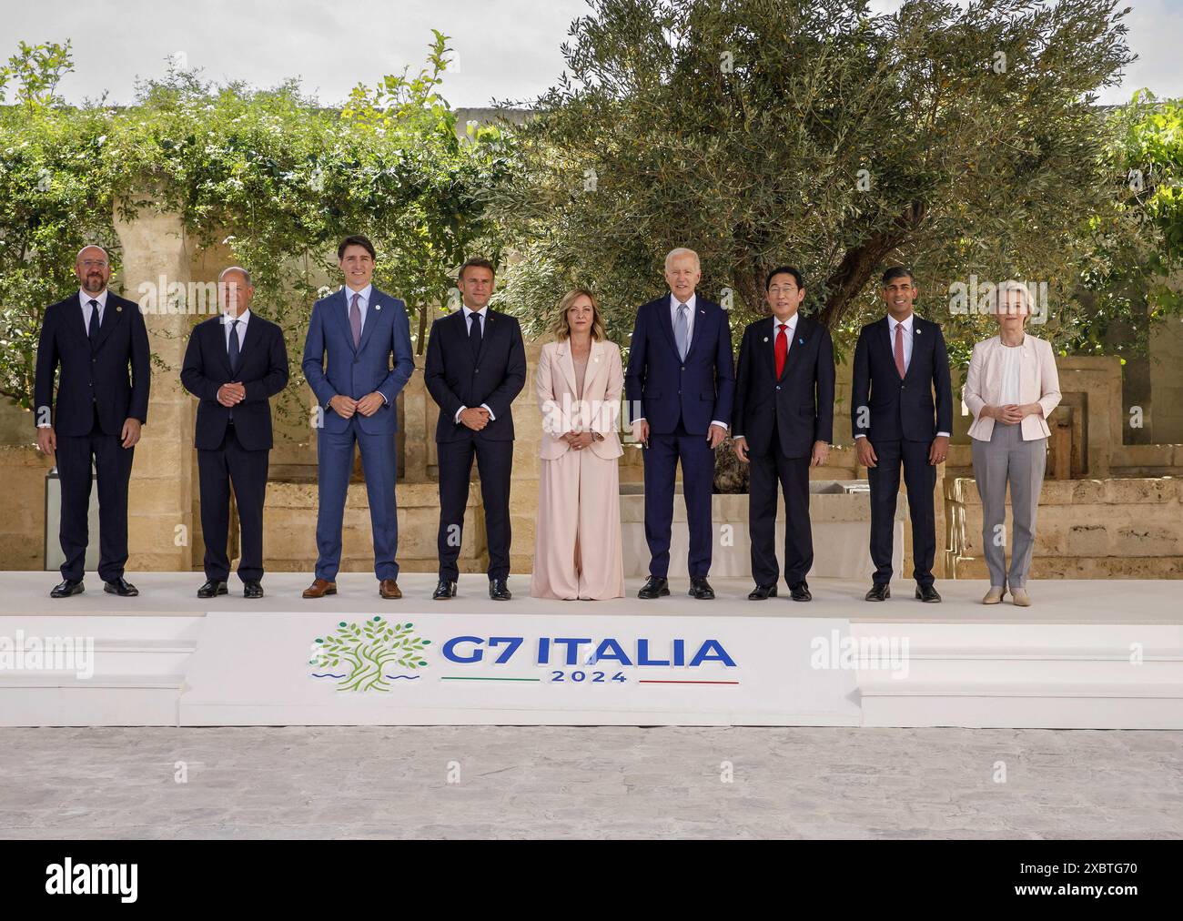 Fasano, Italy. 13th June, 2024. European Council President Charles Michel, German Chancellor Olaf Scholz, Canadian Prime Minister Justin Trudeau, French President Emmanuel Macron, Italian Prime Minister Giorgia Meloni, U.S. President Joe Biden, Japanese Prime Minister Fumio Kishida, British Prime Minister Rishi Sunak and European Commission President Ursula von der Leyen pose for a family photo during a welcome ceremony on day one of the 50th G7 summit at Borgo Egnazia, Italy on June 13, 2024. Photo by (EV) /ABACAPRESS.COM Credit: Abaca Press/Alamy Live News Stock Photo