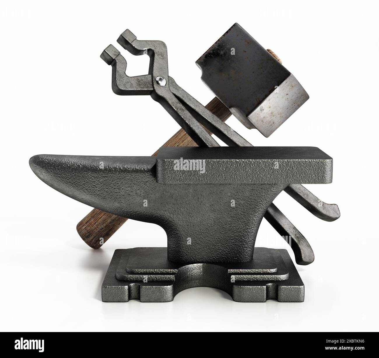 Anvil, hammer and blacksmith tong isolated on white background. 3D illustration. Stock Photo