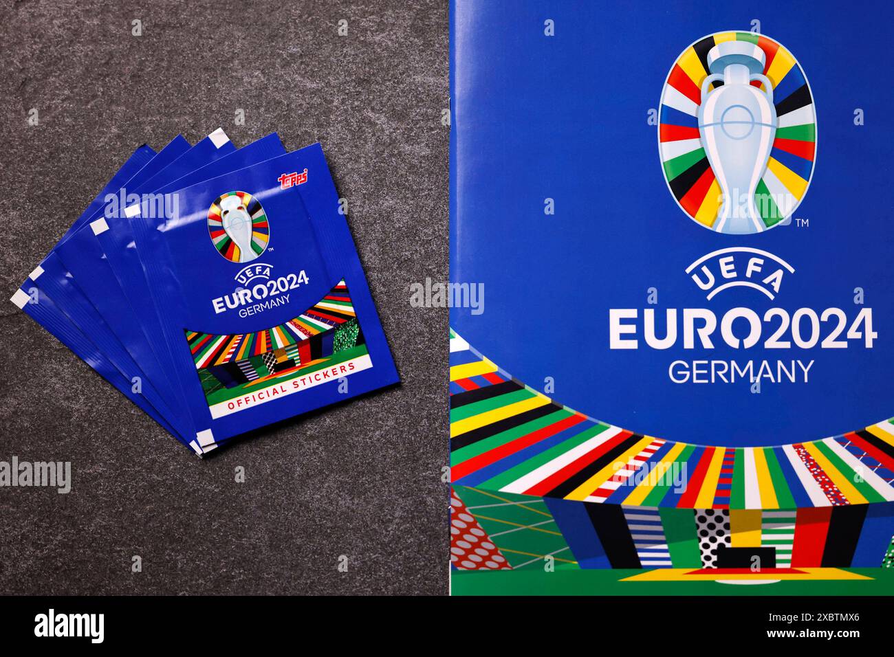 Erstmals wird das Sammelsticker-Album zur EM durch die US-Firma Topps hergestelt - traditionell eigentlich in der Hand des italienischen Unternehmens Panini. Dabei fehlen allerdings wichtige Lizenzen von Spielern wie Neuer, Kroos oder Mbappe, die deshalb nicht in der Stickersammlung auftauchen. Themenbild, Symbolbild Köln, 13.06.2024 NRW Deutschland *** For the first time, the collectible sticker album for the European Championship is being produced by the US company Topps - traditionally owned by the Italian company Panini However, important licenses for players such as Neuer, Kroos or Mbappe Stock Photo