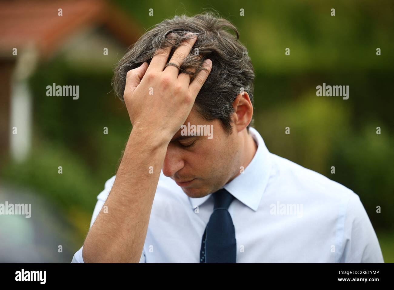 Andres, France. 13th June, 2024. French Prime Minister Gabriel Attal visiting local residents affected by floods during forthcoming legislative elections campaign in Andres, France on June 13, 2024. Photo by Raphaël Lafargue/ABACAPRESS.COM Credit: Abaca Press/Alamy Live News Stock Photo
