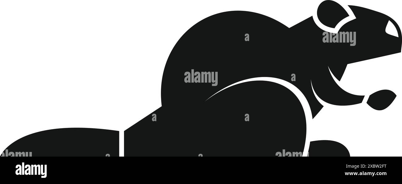 Black silhouette of a beaver gnawing and holding a wood branch Stock