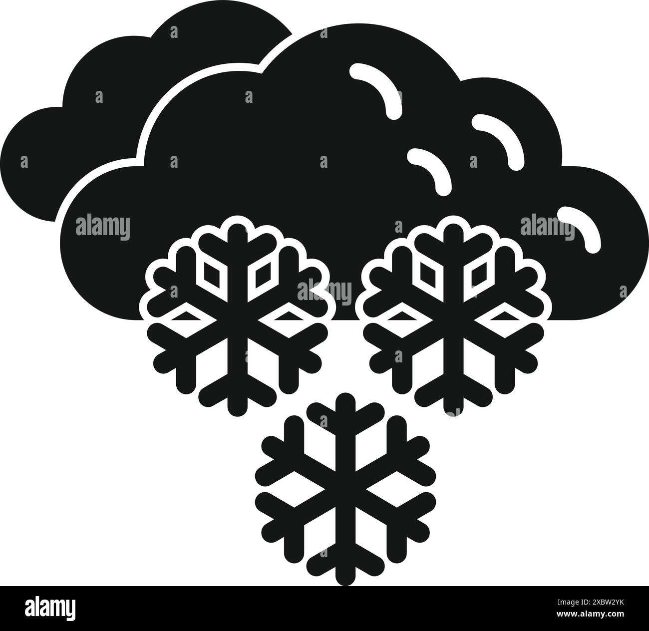 Simple icon representing a black cloud pouring down three large snowflakes symbolizing snowfall Stock Vector