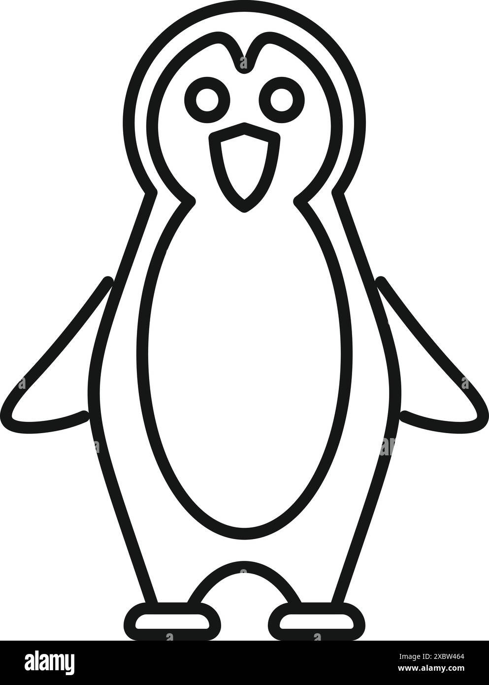 Black and white line drawing of a happy emperor penguin standing and spreading its wings Stock Vector