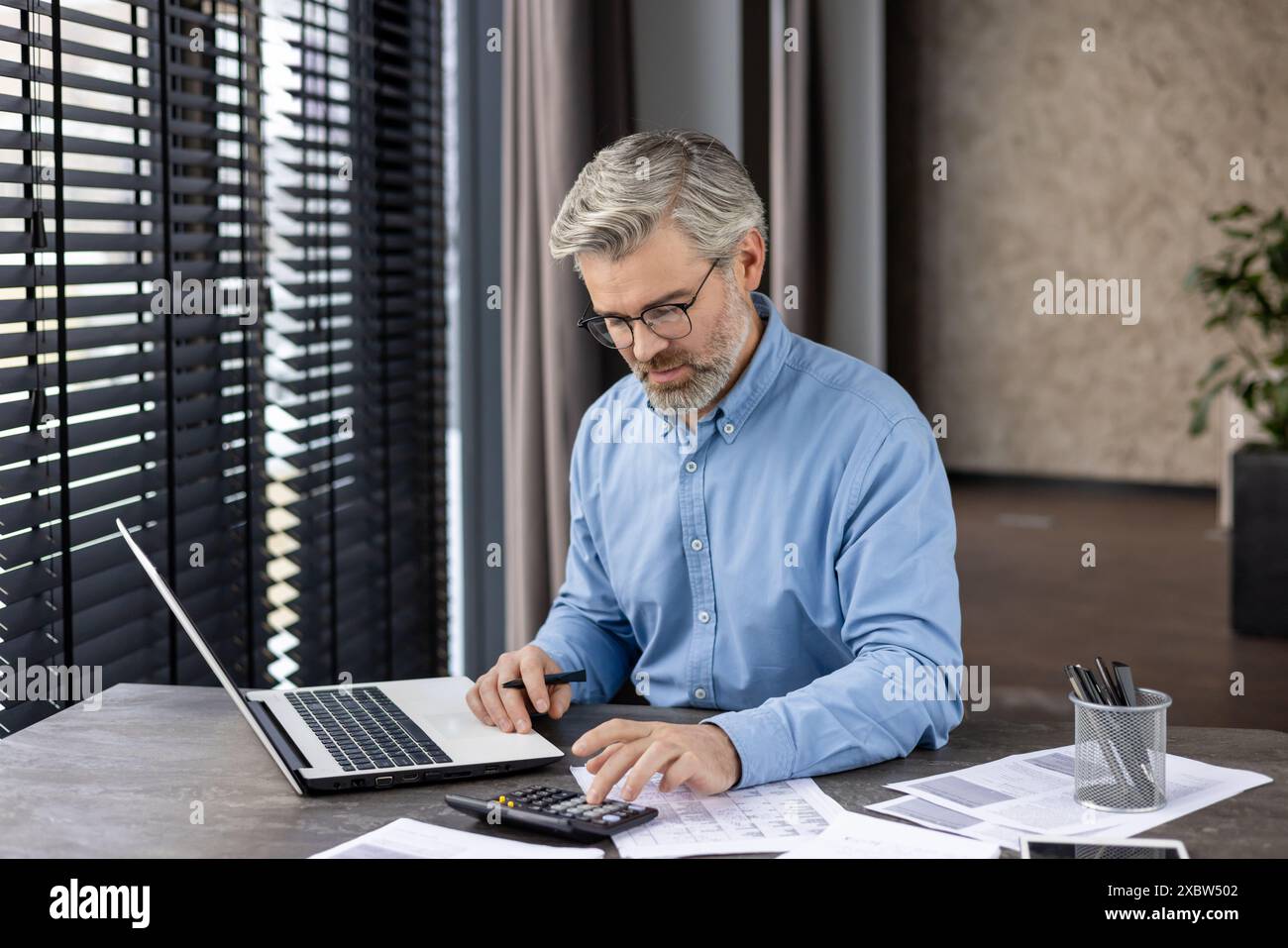 Mature businessman using laptop and reviewing documents while working ...