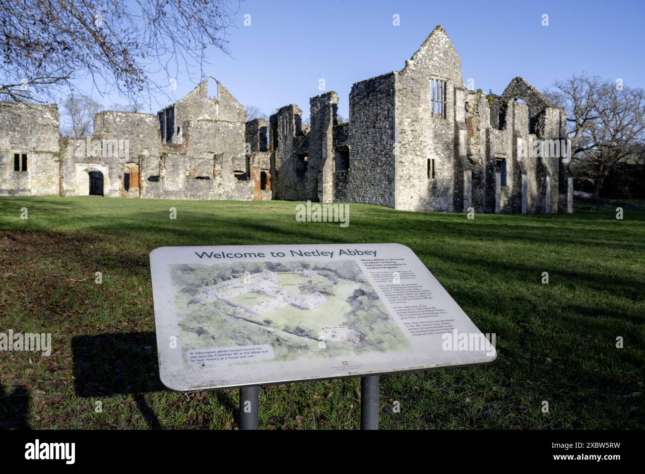 Welcome to Netley Abbey sign, Abbey Hill, Netley, Southampton, Hampshire, England, UK Stock Photo