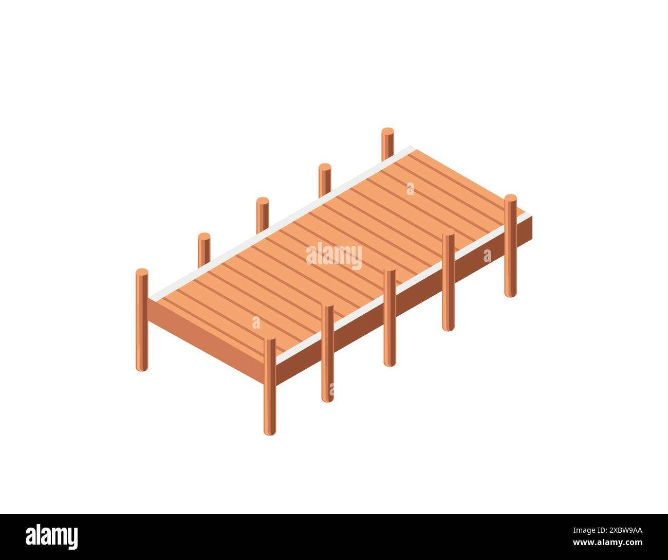 Seashore wooden pier with life-buoy on sunny day. Vector illustration ...