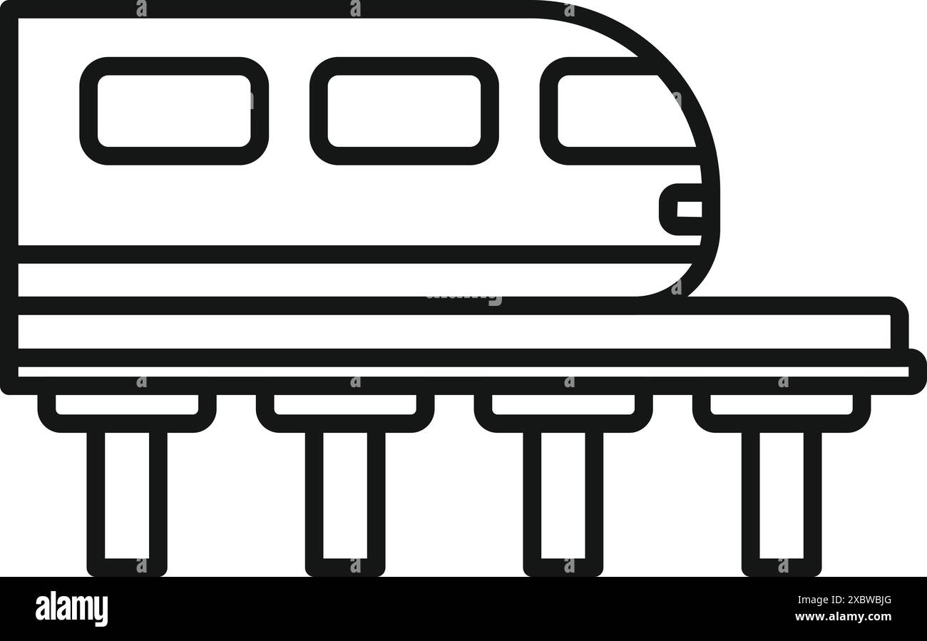 Line art icon of a modern monorail train arriving at an elevated station platform Stock Vector