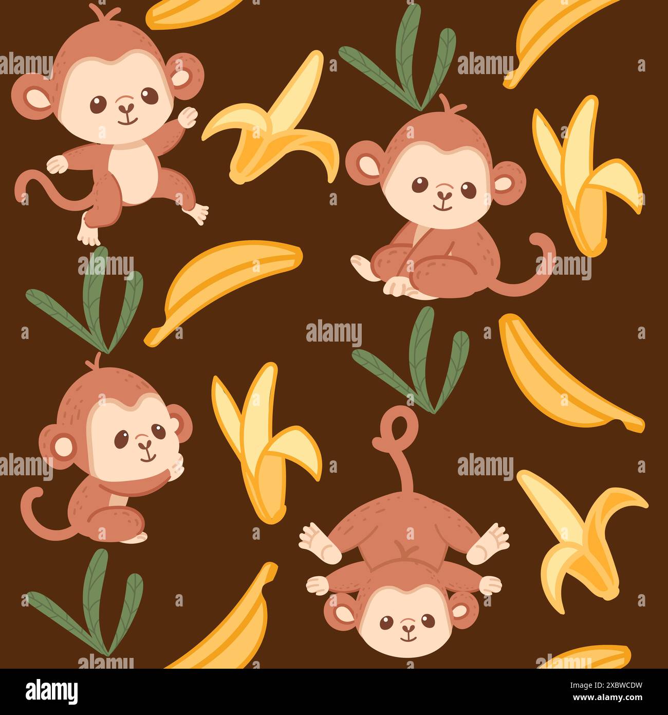 Seamless pattern cute small monkey with banana cartoon animal design vector illustration on brown background Stock Vector