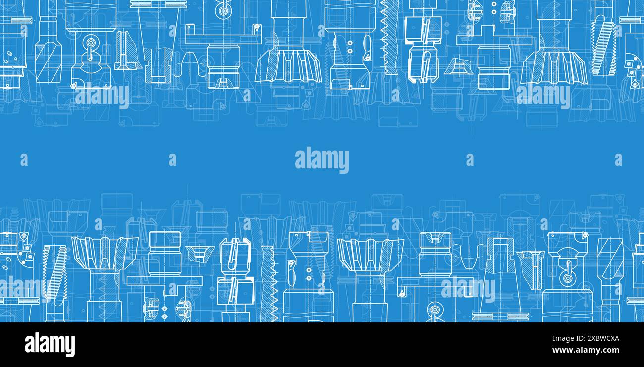 Mechanical engineering drawings on blue background. Tap tools, borer. Technical Design. Cover. Blueprint. Seamless pattern. Vector illustration. Stock Vector