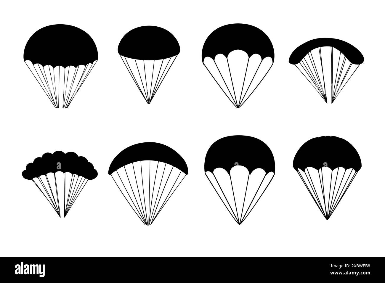 Black silhouette Set of simple cartoon parachute vector illustration isolated on white background Stock Vector