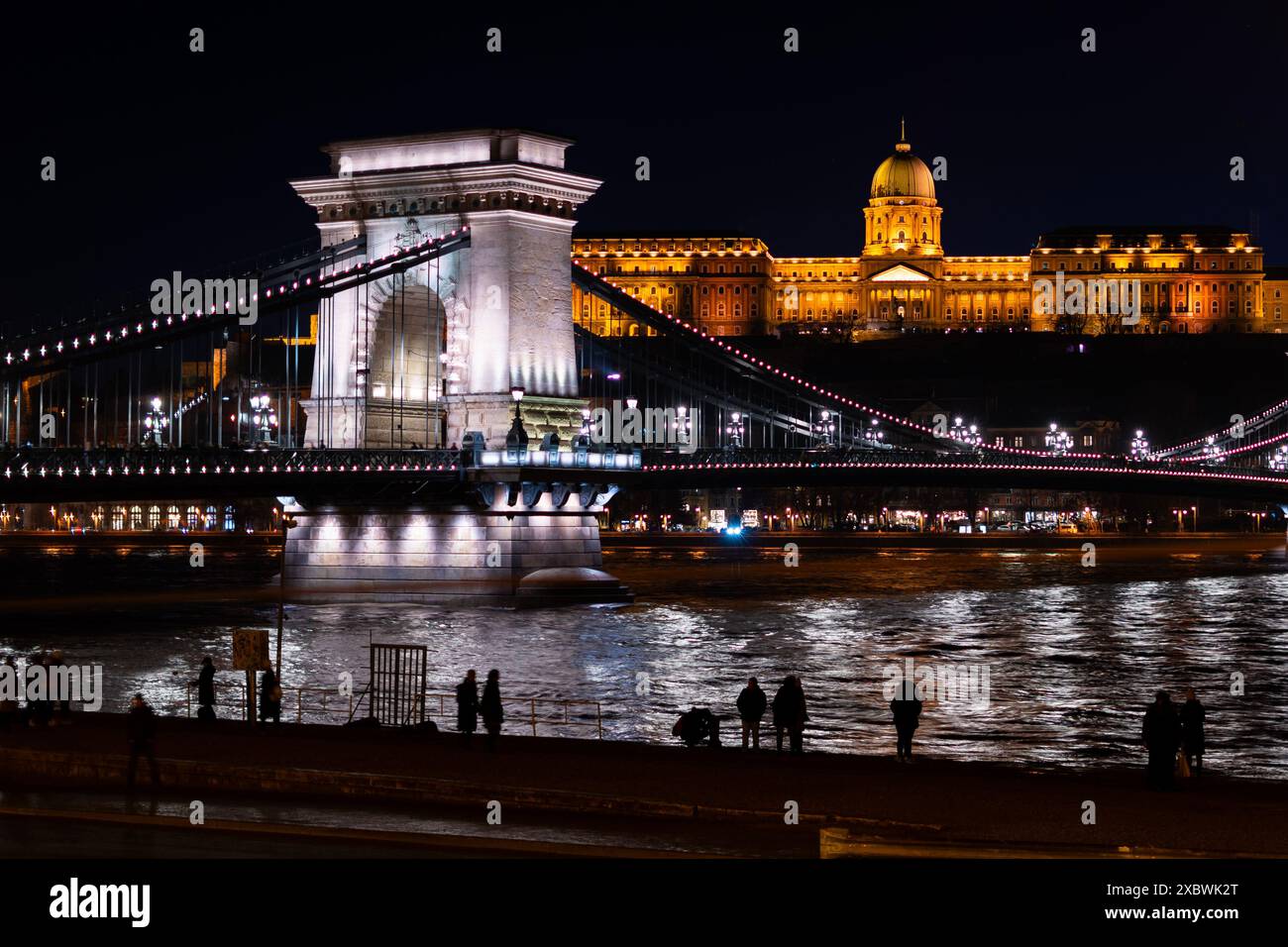 The historical Buda castle district above the Danube river illuminated ...