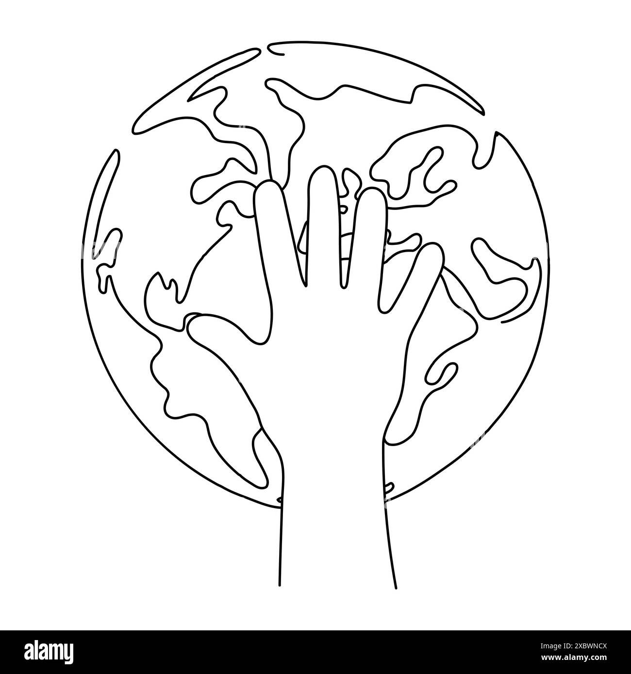 Continuous line drawing of the Earth globe in the foreground of a child ...