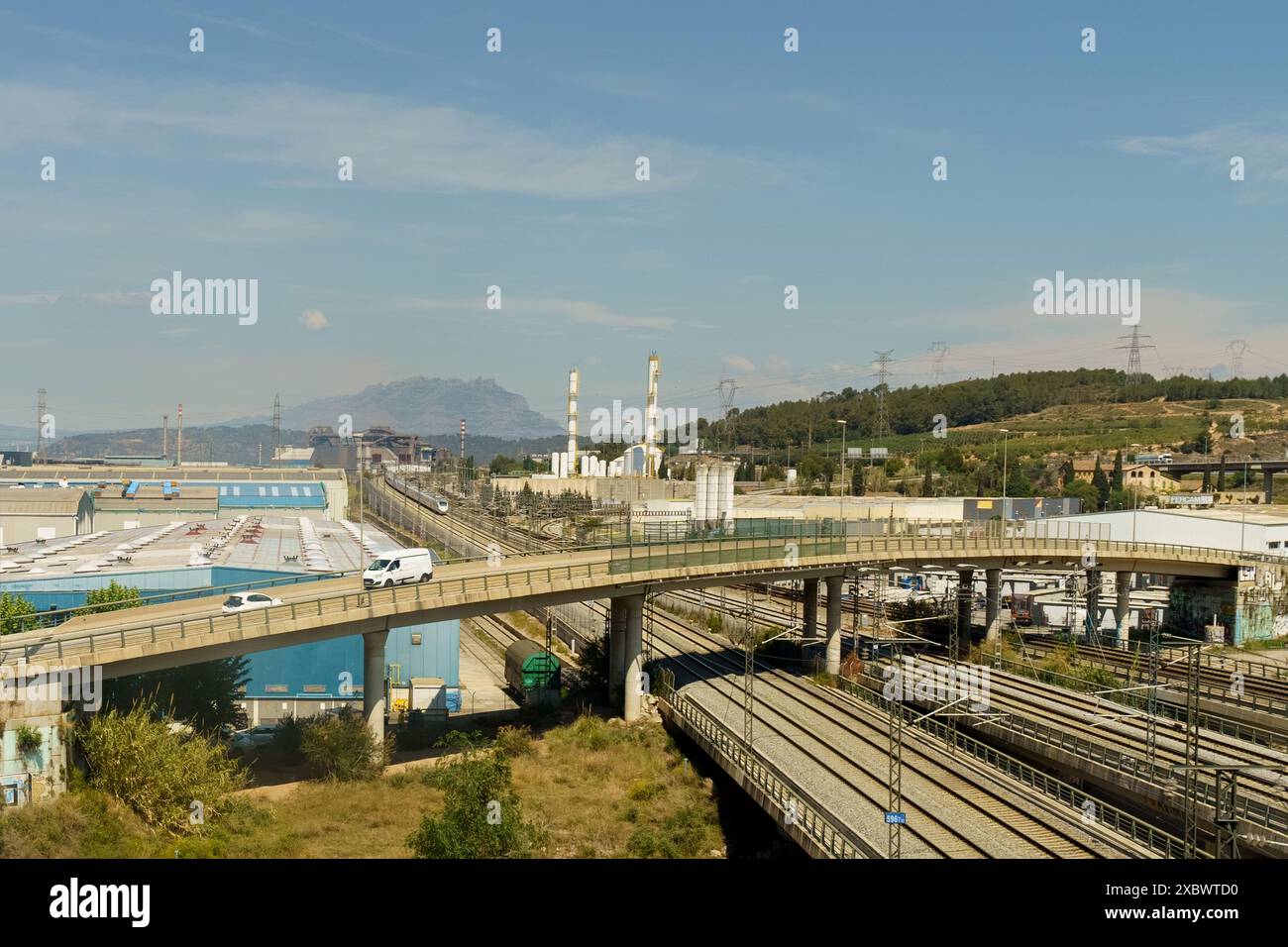 An expansive view showcasing a highway overpass and parallel rail ...