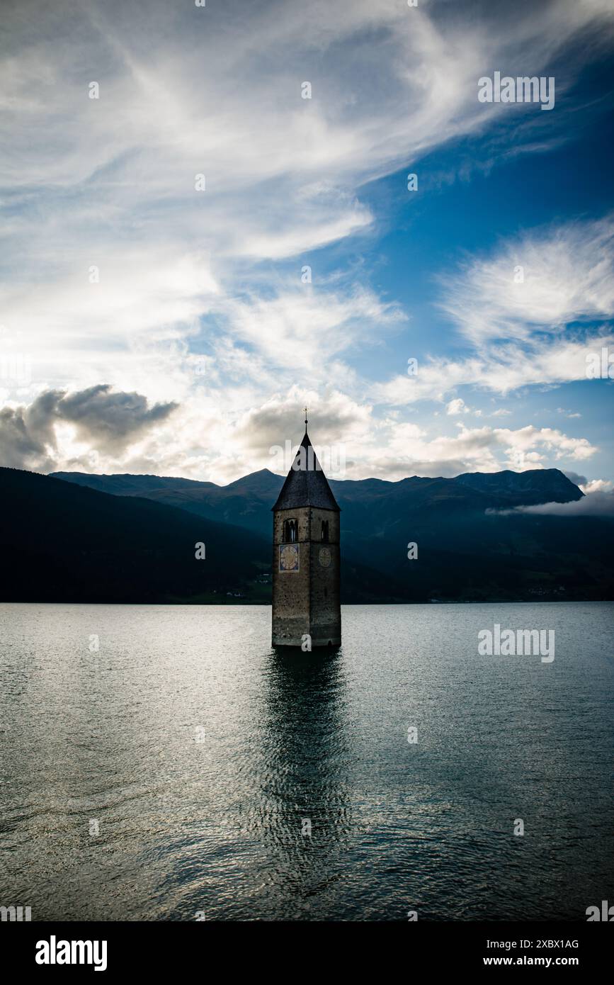 church tower, reschensee, altgraun, lagodiresia, reschen am see, reschenpass, schöneben, ruin, church, graun im vinschgau, haideralm, vinschgau Stock Photo