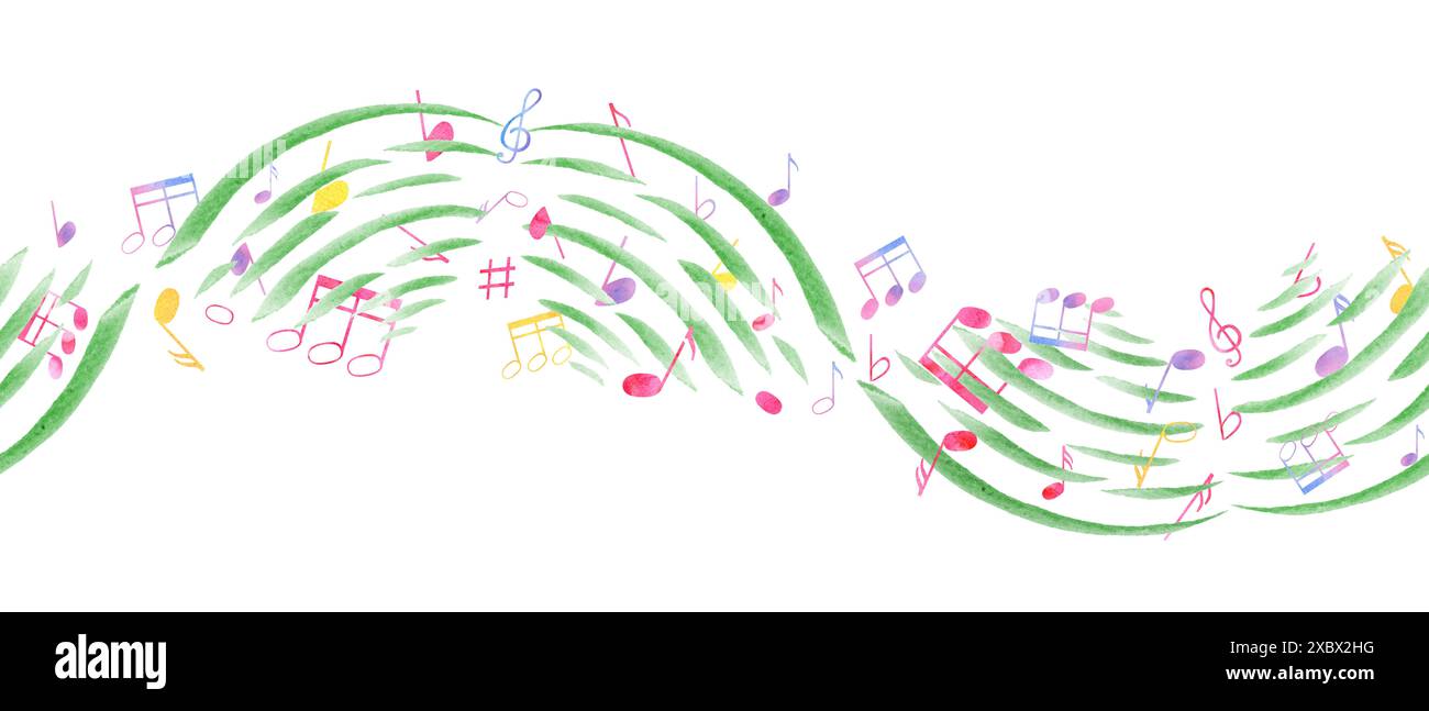 Undulating levitation multicolored music notes. Notes flying through the waves of music. Seamless banner of note symbols. Watercolor illustration Stock Photo