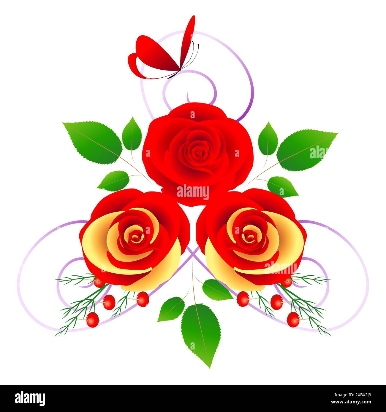 Bouquet of red roses with a butterfly on a white background Stock ...
