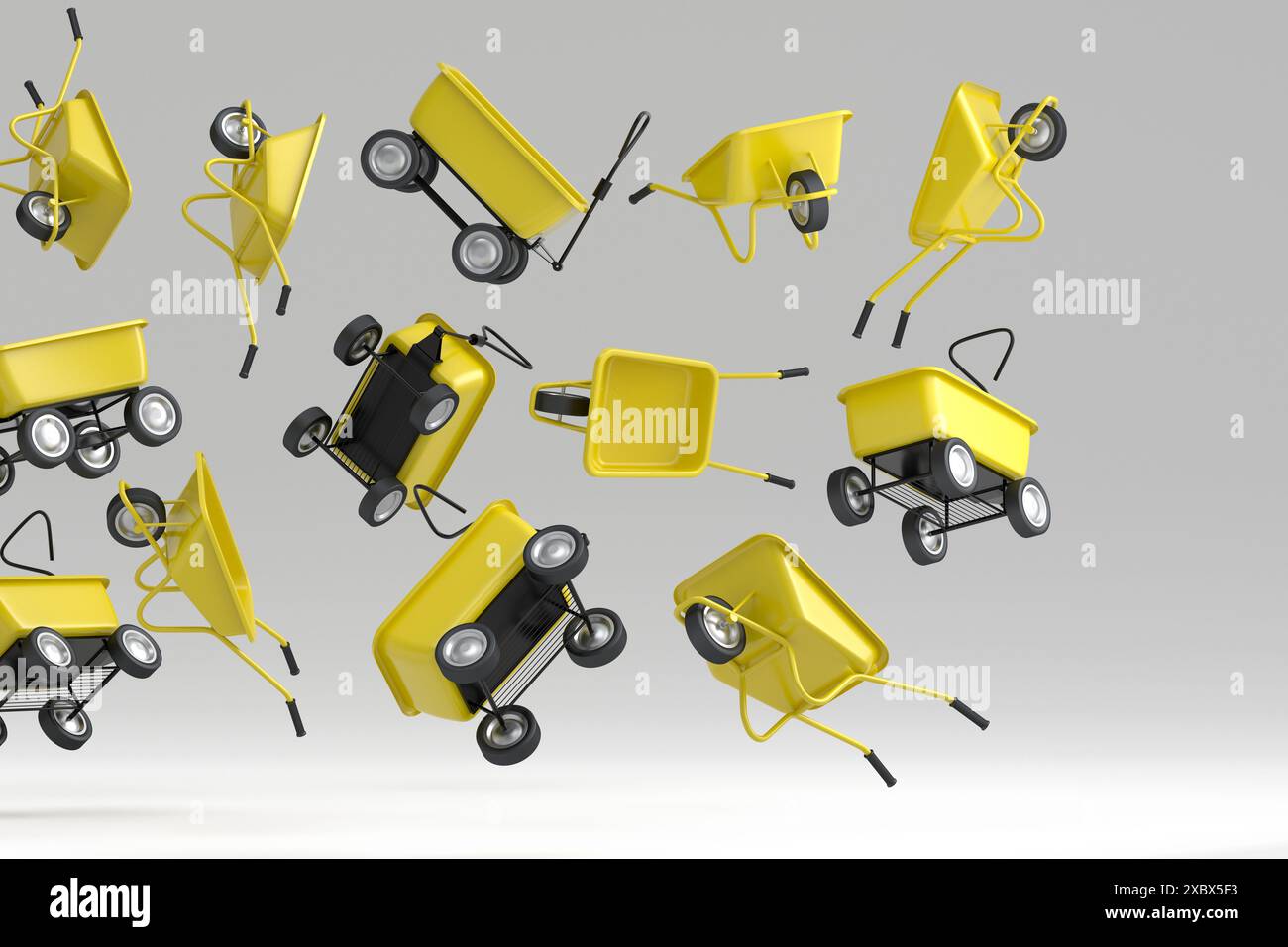Wheelbarrows Many Many of flying garden wheelbarrows on white background Stock Photo - Alamy